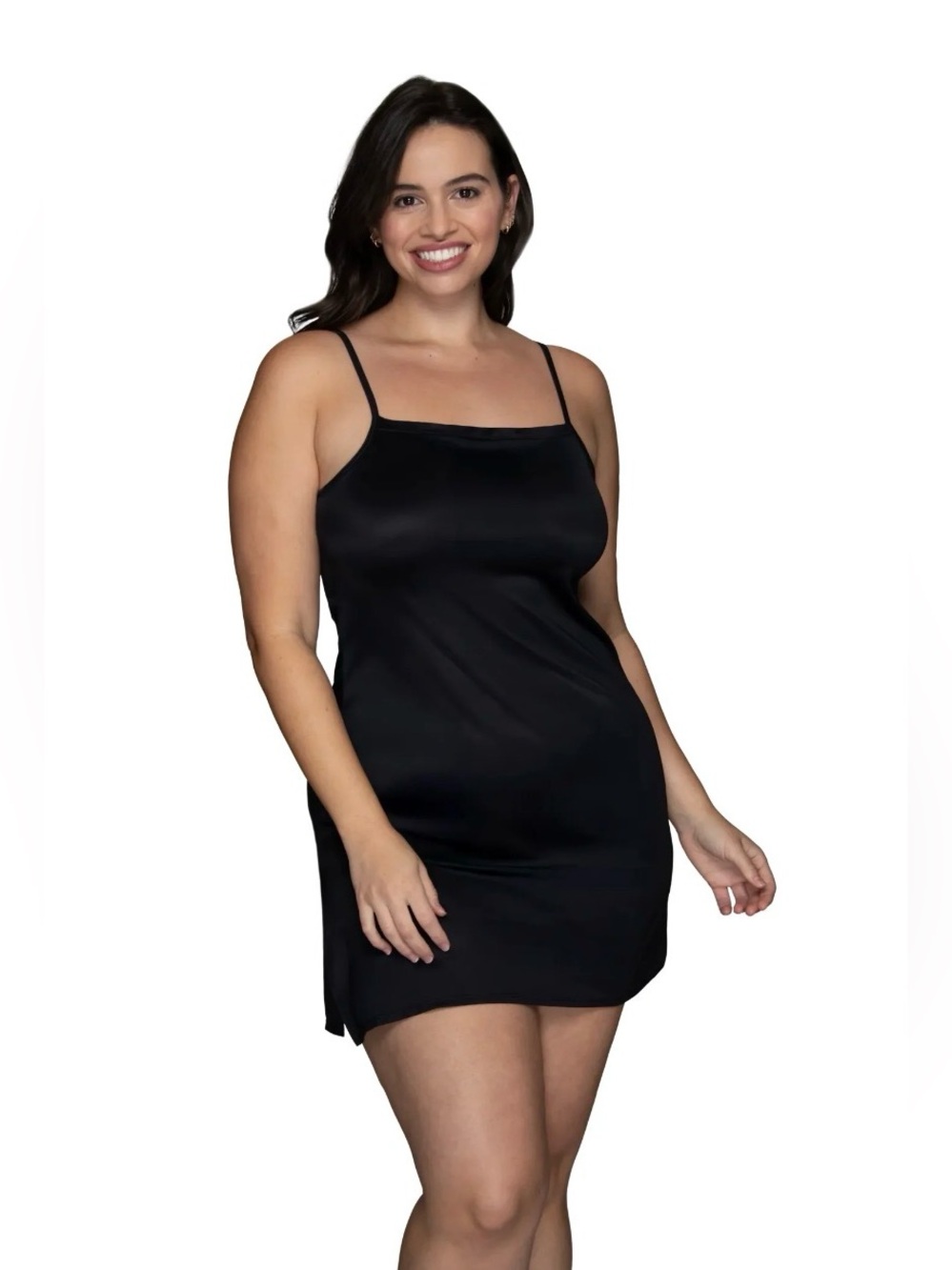 Vanity Fair Black Satin Slip Chemise with Adjustable Straps